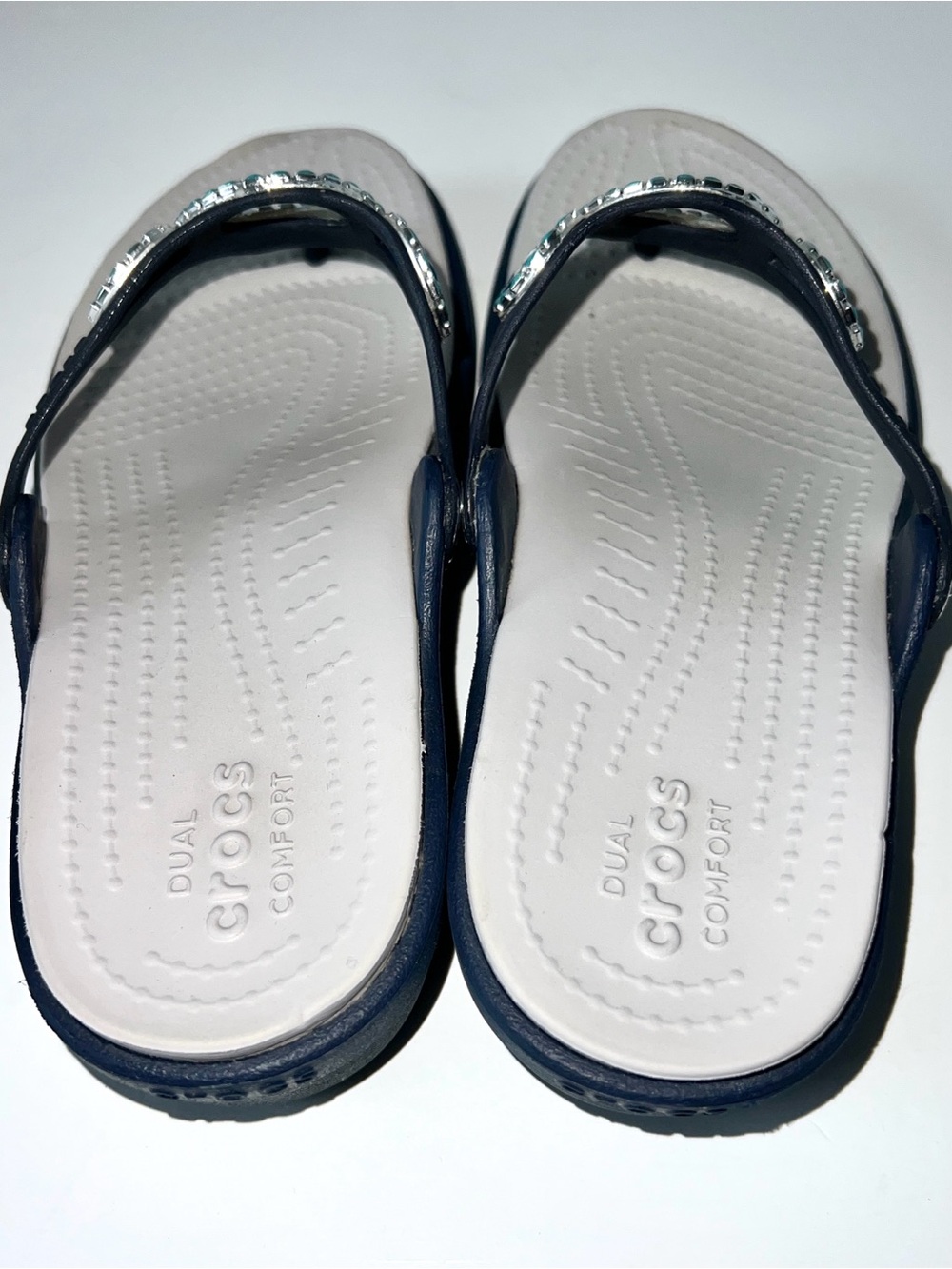 Crocs Sanrah Diamante Wedge Flip Sandals Size 7 NAVY Embellished Turquoise - Picture 7 of 12